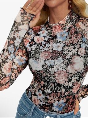 Floral Mesh Long-Sleeve Top - Black/Pink/Blue